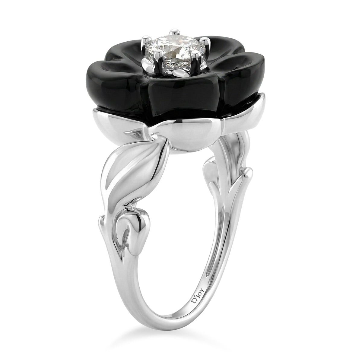 Black Jade Flower &amp; Lab Grown Diamond (SI/GH- 0.50 ct) Flower Ring in Rhodium Overlay Sterling Silver. 8350991 3