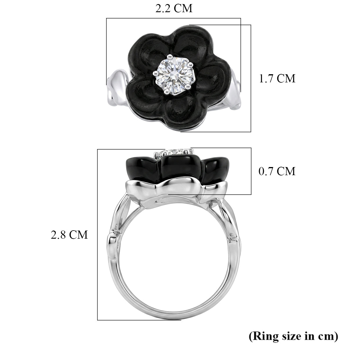 Black Jade Flower &amp; Lab Grown Diamond (SI/GH- 0.50 ct) Flower Ring in Rhodium Overlay Sterling Silver. 8350991 5