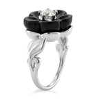 Black Jade Flower & Lab Grown Diamond (SI/GH- 0.50 ct) Ring in Rhodium Overlay Sterling Silver._8350998_3