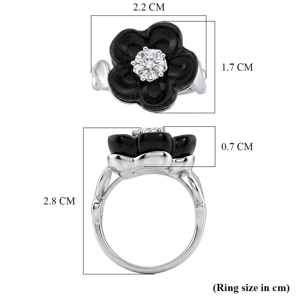 Black Jade Flower & Lab Grown Diamond (SI/GH- 0.50 ct) Ring in Rhodium Overlay Sterling Silver._8350998_5