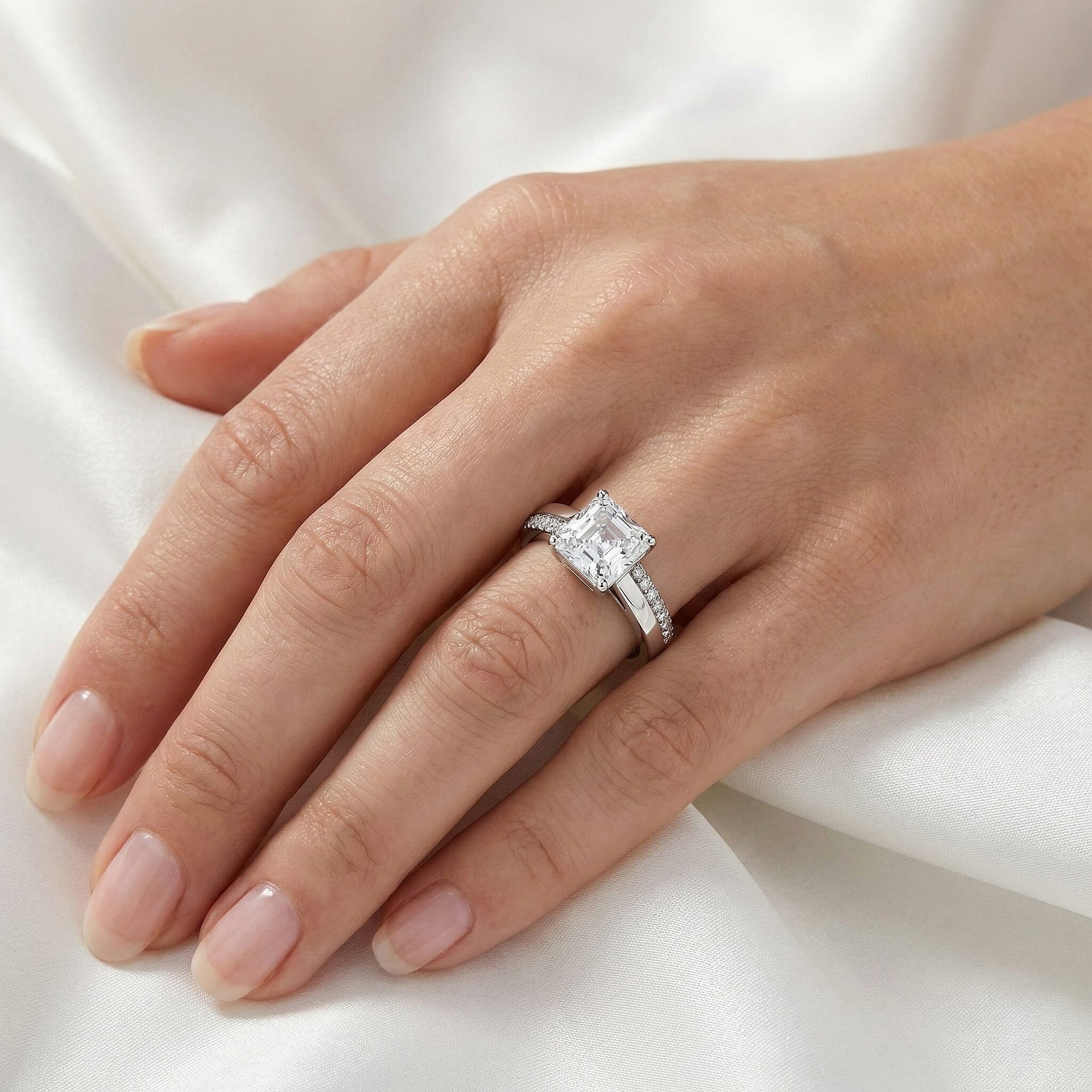 Close Out Deal- D'Joy Royal Asscher Cut Moissanite Ring in Rhodium Overlay Sterling Silver 3.26 Ct. V32512702 4