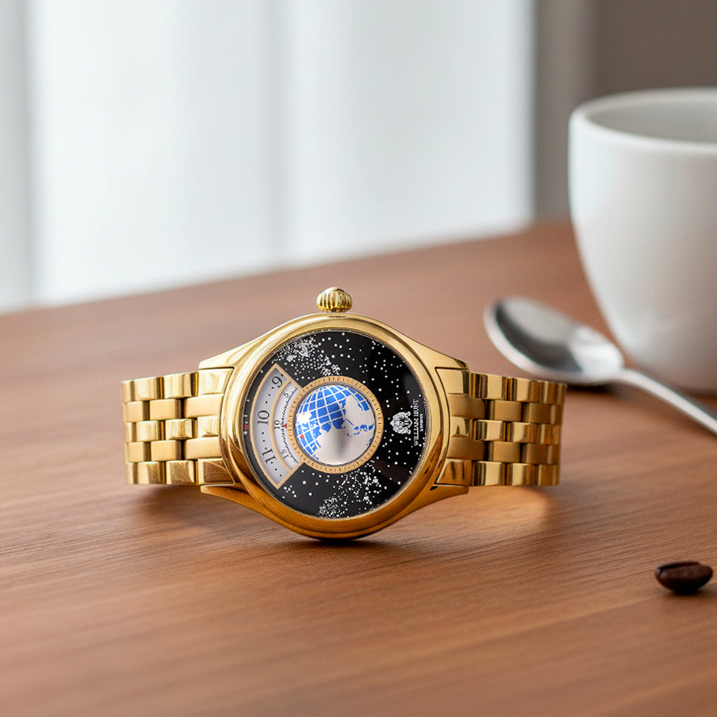 William Hunt Limited Edition Celestial Constellation Automatic Movt Watch With Rotating Globe 3ATM Water Resistancy Presented in a Gift Box - Gold Black_8351519_1