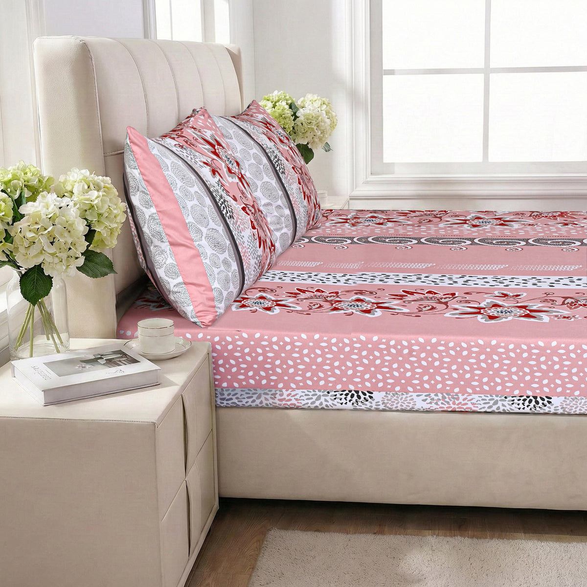 LIVMORE 3-Piece Set - Floral Print Fitted Sheet with Two Matching Pillowcases (Double, 190 x 135cm) - Light Pink V32604238 2