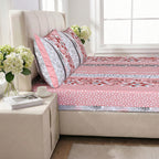 LIVMORE 3-Piece Set - Floral Print Fitted Sheet with Two Matching Pillowcases (Double, 190 x 135cm) - Light Pink_8352776_1