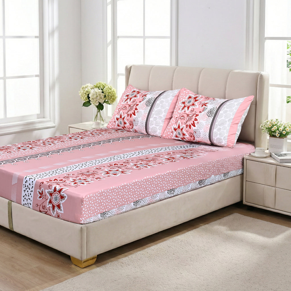 LIVMORE 3-Piece Set - Floral Print Fitted Sheet with Two Matching Pillowcases (Double, 190 x 135cm) - Light Pink_8352776_2