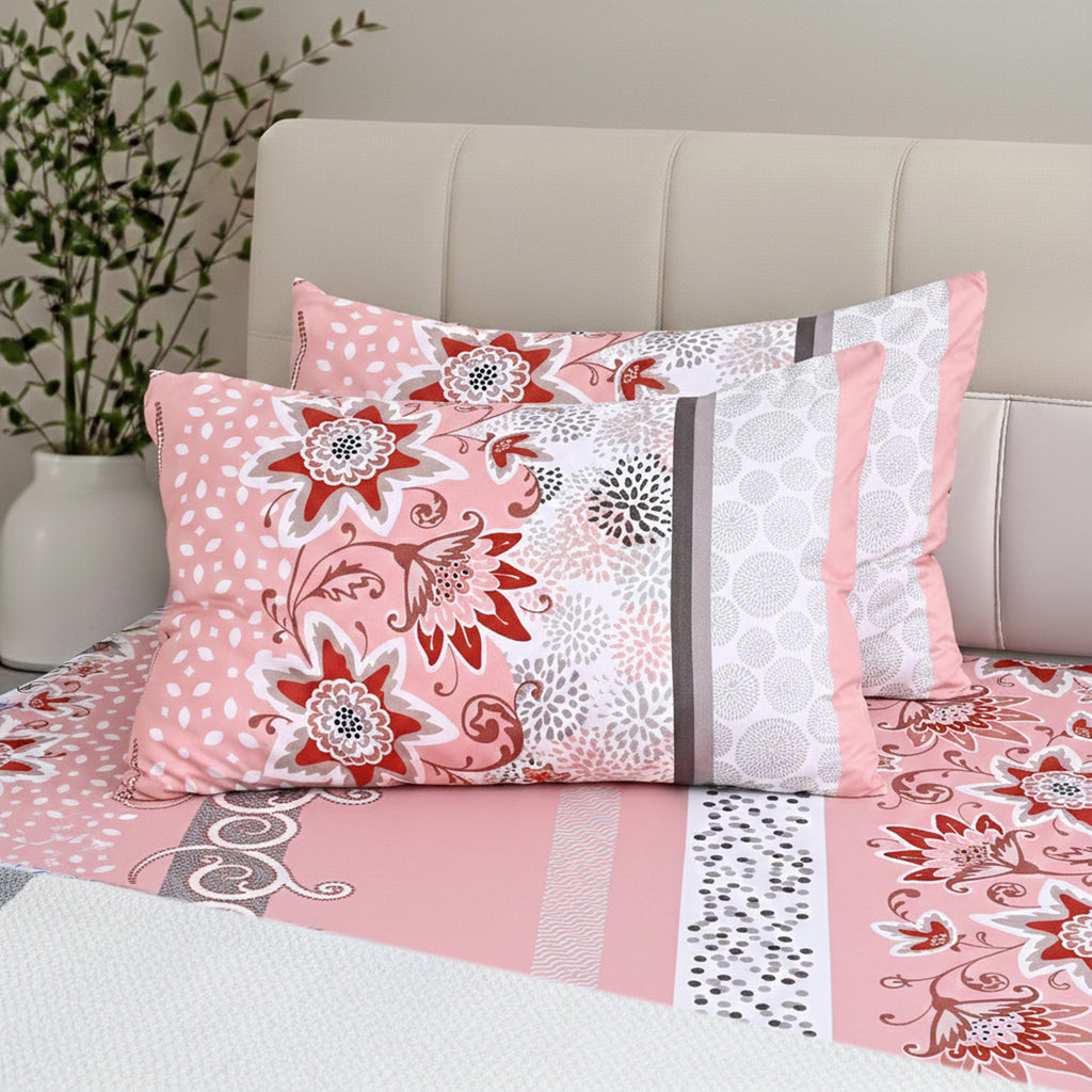 LIVMORE 3-Piece Set - Floral Print Fitted Sheet with Two Matching Pillowcases (Double, 190 x 135cm) - Light Pink_8352776_3