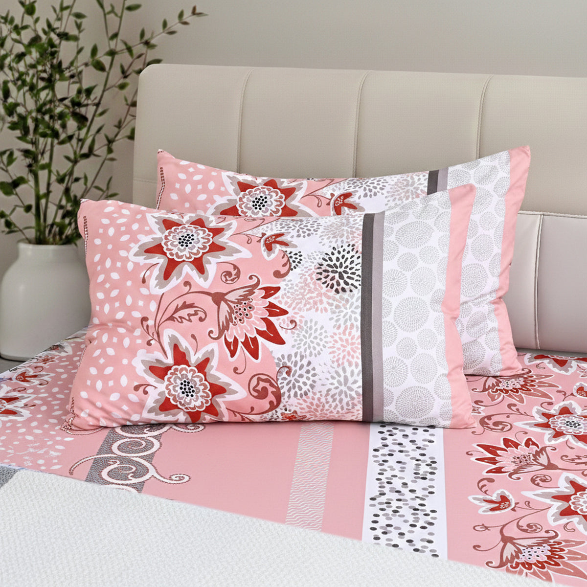 LIVMORE 3-Piece Set - Floral Print Fitted Sheet with Two Matching Pillowcases (Double, 190 x 135cm) - Light Pink V32604238 4