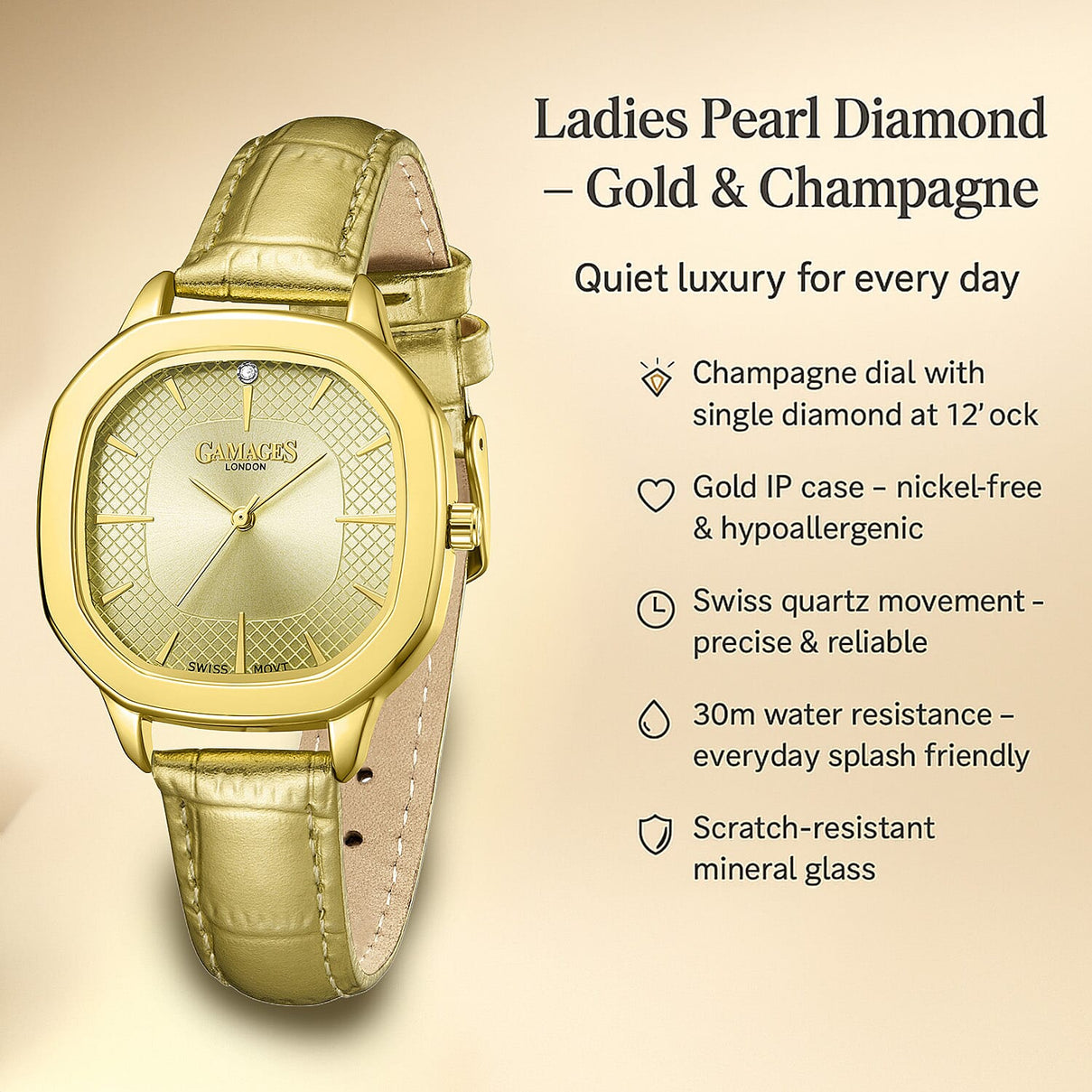GAMAGES OF LONDON Pearl Diamond Swiss Quartz Movement 3ATM Water Resistant Ladies Watch with Champagne Colour Dial and Leather Strap 8352917 1