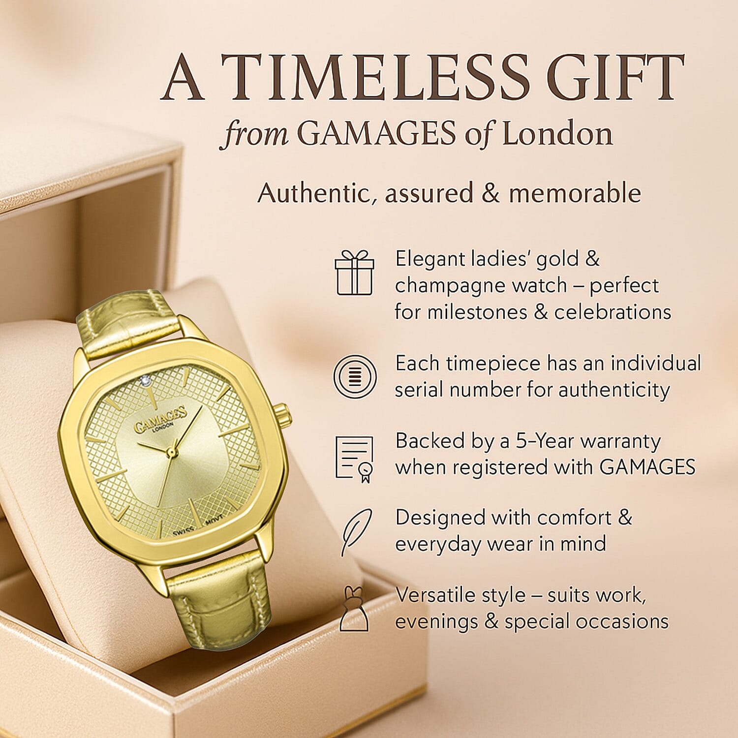 GAMAGES OF LONDON Pearl Diamond Swiss Quartz Movement 3ATM Water Resistant Ladies Watch with Champagne Colour Dial and Leather Strap 8352917 2