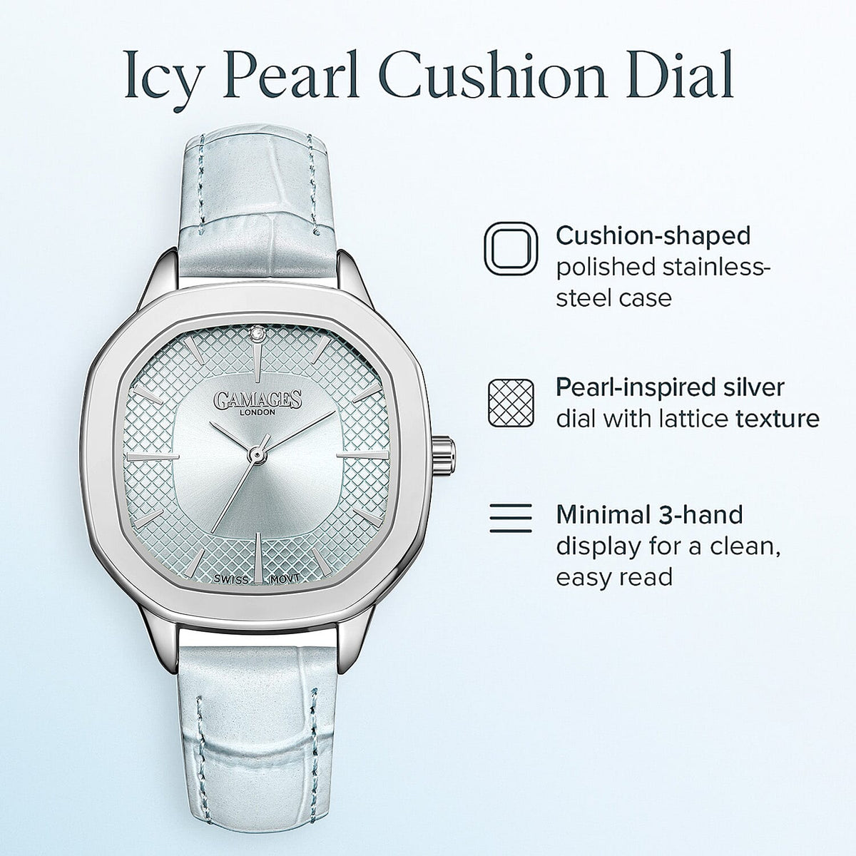 GAMAGES OF LONDON Pearl Diamond Swiss Quartz Movement 3ATM Water Resistant Ladies Watch with Steel Light Blue Leather Strap 8352918 0