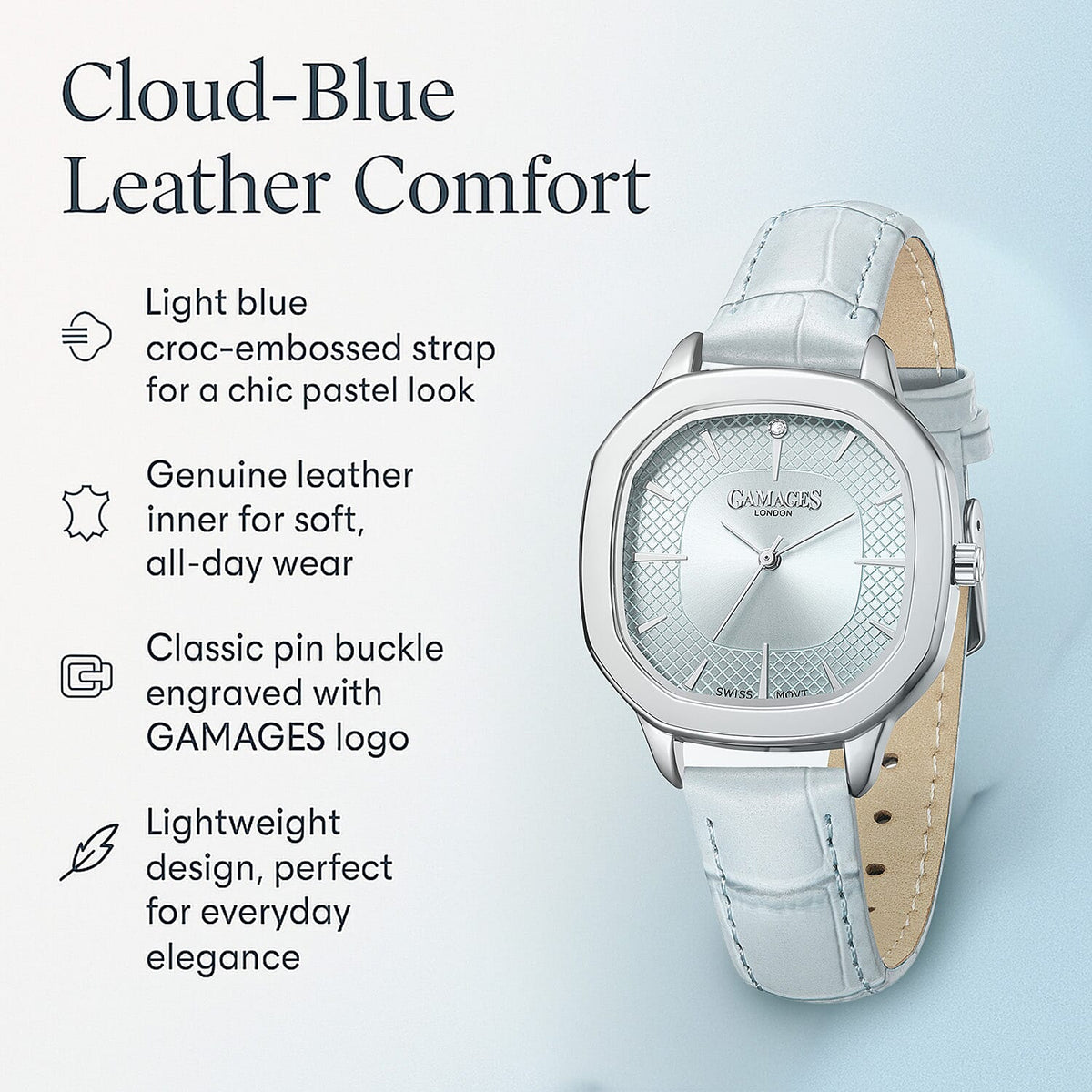 GAMAGES OF LONDON Pearl Diamond Swiss Quartz Movement 3ATM Water Resistant Ladies Watch with Steel Light Blue Leather Strap 8352918 1