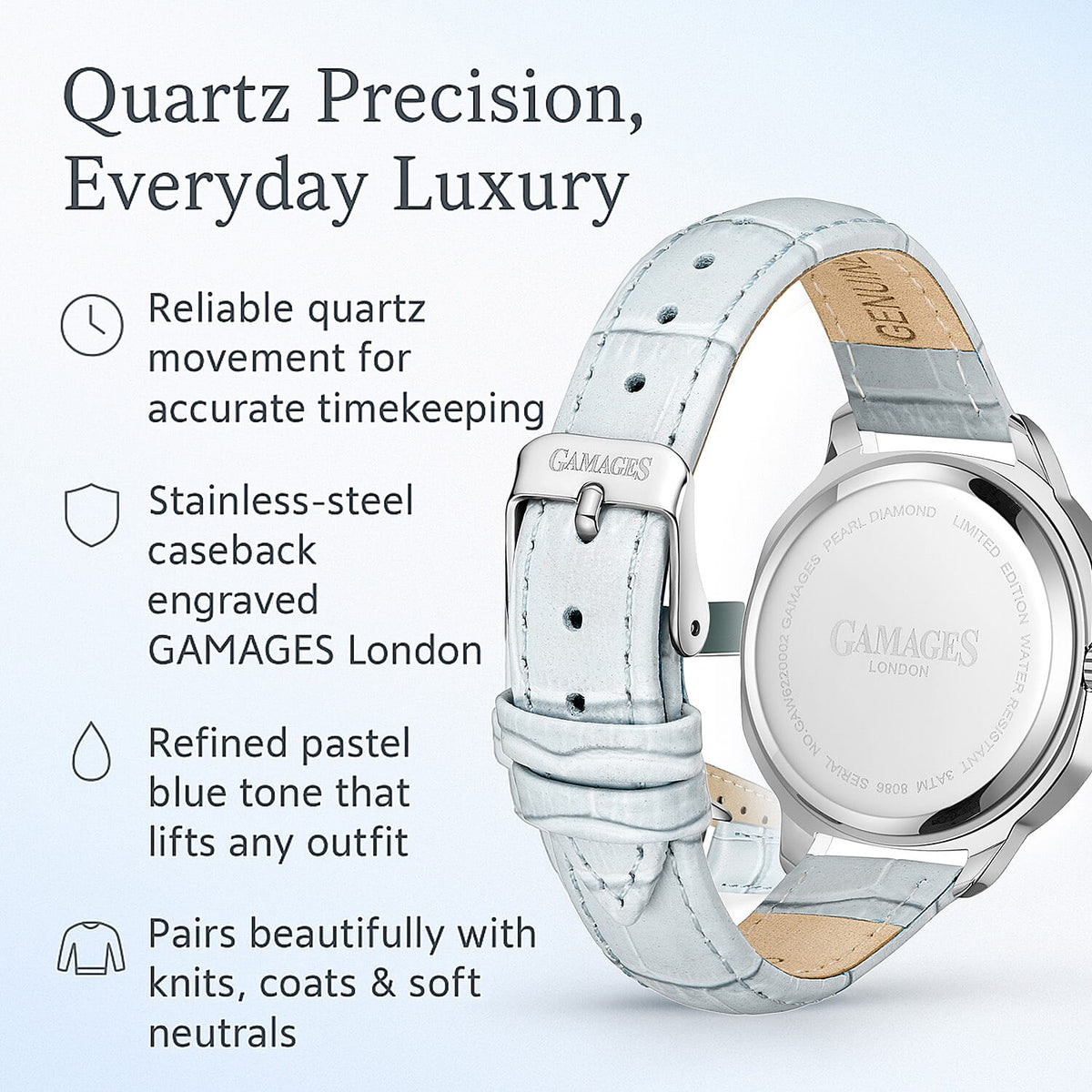 GAMAGES OF LONDON Pearl Diamond Swiss Quartz Movement 3ATM Water Resistant Ladies Watch with Steel Light Blue Leather Strap 8352918 2