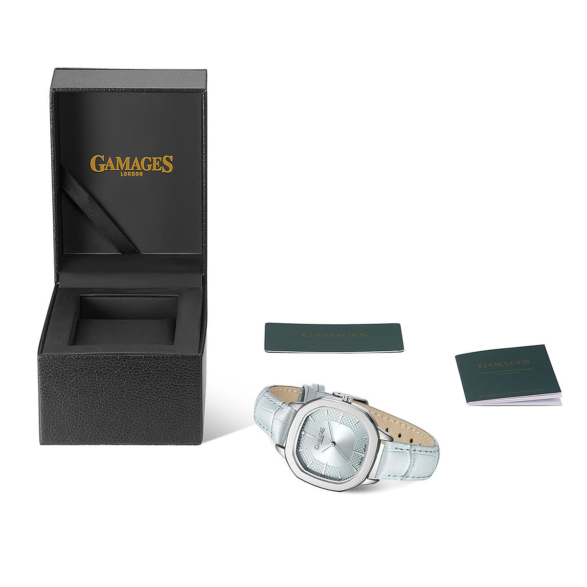 GAMAGES OF LONDON Pearl Diamond Swiss Quartz Movement 3ATM Water Resistant Ladies Watch with Steel Light Blue Leather Strap 8352918 3