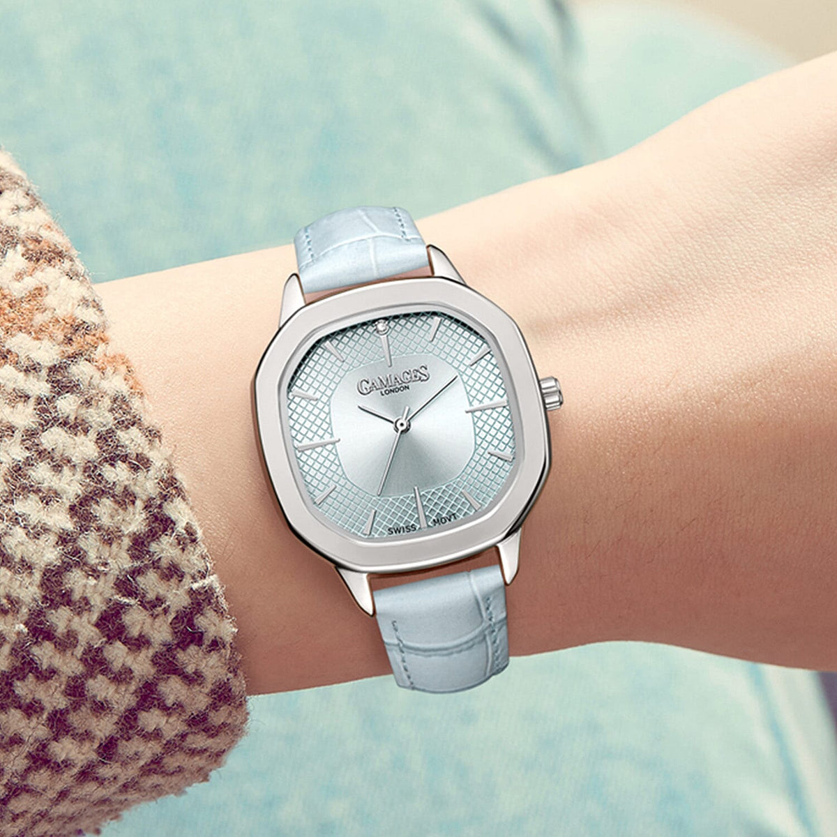 GAMAGES OF LONDON Pearl Diamond Swiss Quartz Movement 3ATM Water Resistant Ladies Watch with Steel Light Blue Leather Strap 8352918 4