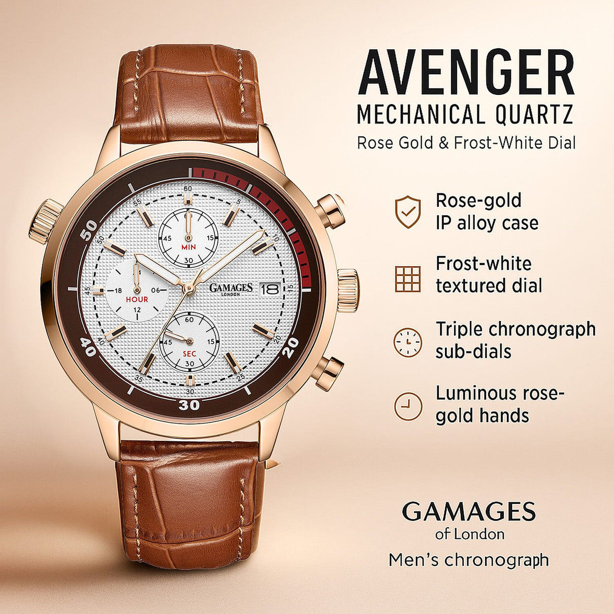 GAMAGES OF LONDON Avenger Mechanical Quartz Movement 3ATM Water Resistant Frost-White Oil-Pressed Dial Mens Watch with Brown Leather Strap 8352922 1