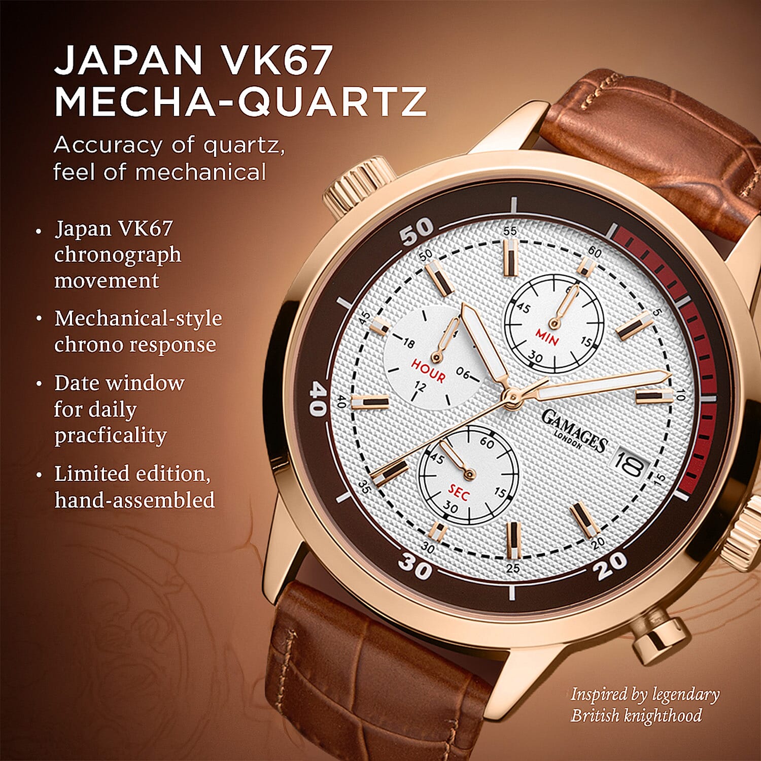 GAMAGES OF LONDON Avenger Mechanical Quartz Movement 3ATM Water Resistant Frost-White Oil-Pressed Dial Mens Watch with Brown Leather Strap 8352922 2