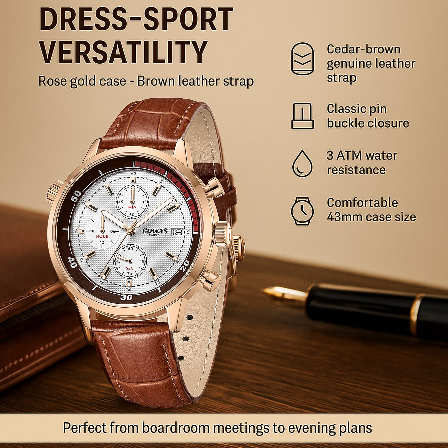 GAMAGES OF LONDON Avenger Mechanical Quartz Movement 3ATM Water Resistant Frost-White Oil-Pressed Dial Mens Watch with Brown Leather Strap 8352922 3