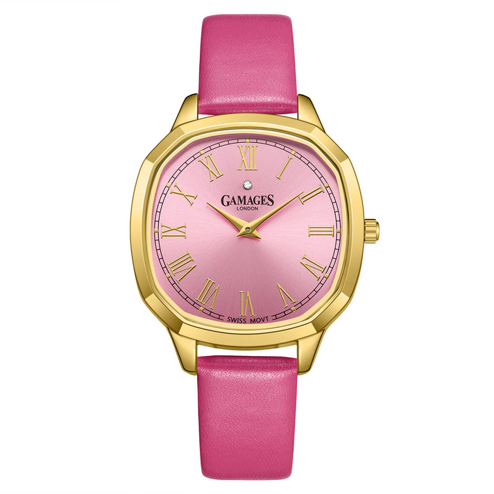 GAMAGES OF LONDON Enchanted Diamond Swiss Quartz Movement 3ATM Water Resistant Gold Dial Ladies Watch with Pink Leather Strap 8352936 1