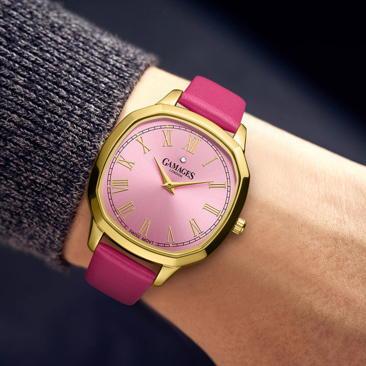 GAMAGES OF LONDON Enchanted Diamond Swiss Quartz Movement 3ATM Water Resistant Gold Dial Ladies Watch with Pink Leather Strap 8352936 2