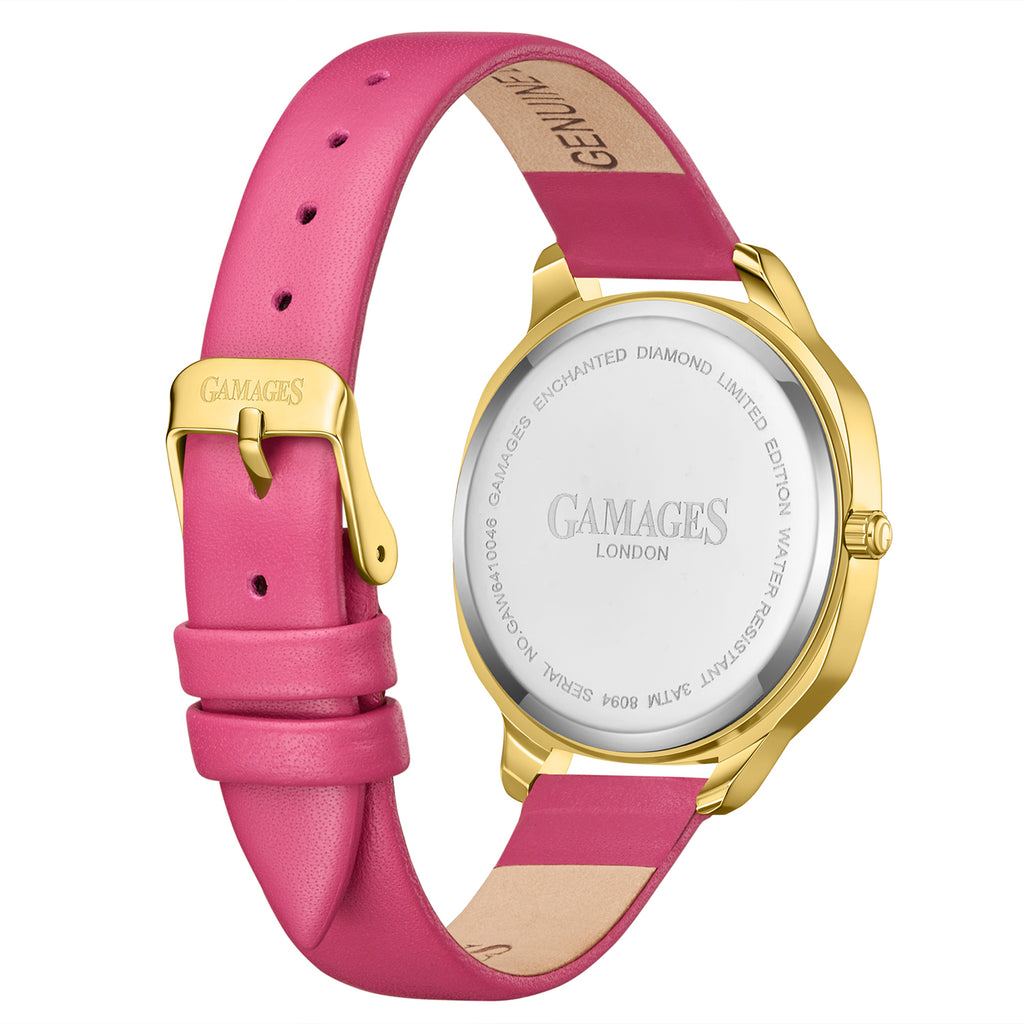 GAMAGES OF LONDON Enchanted Diamond Swiss Quartz Movement 3ATM Water Resistant Gold Dial Ladies Watch with Pink Leather Strap_8352936_3