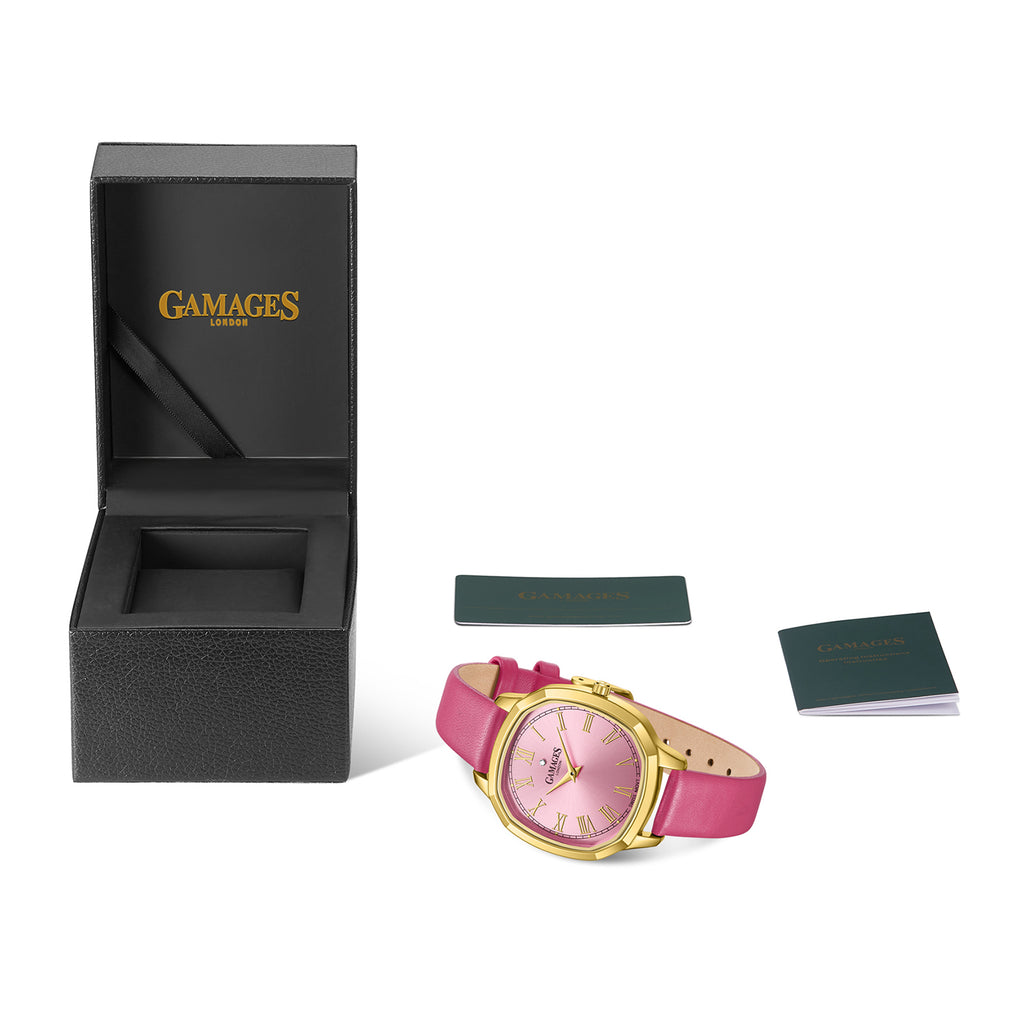 GAMAGES OF LONDON Enchanted Diamond Swiss Quartz Movement 3ATM Water Resistant Gold Dial Ladies Watch with Pink Leather Strap_8352936_4