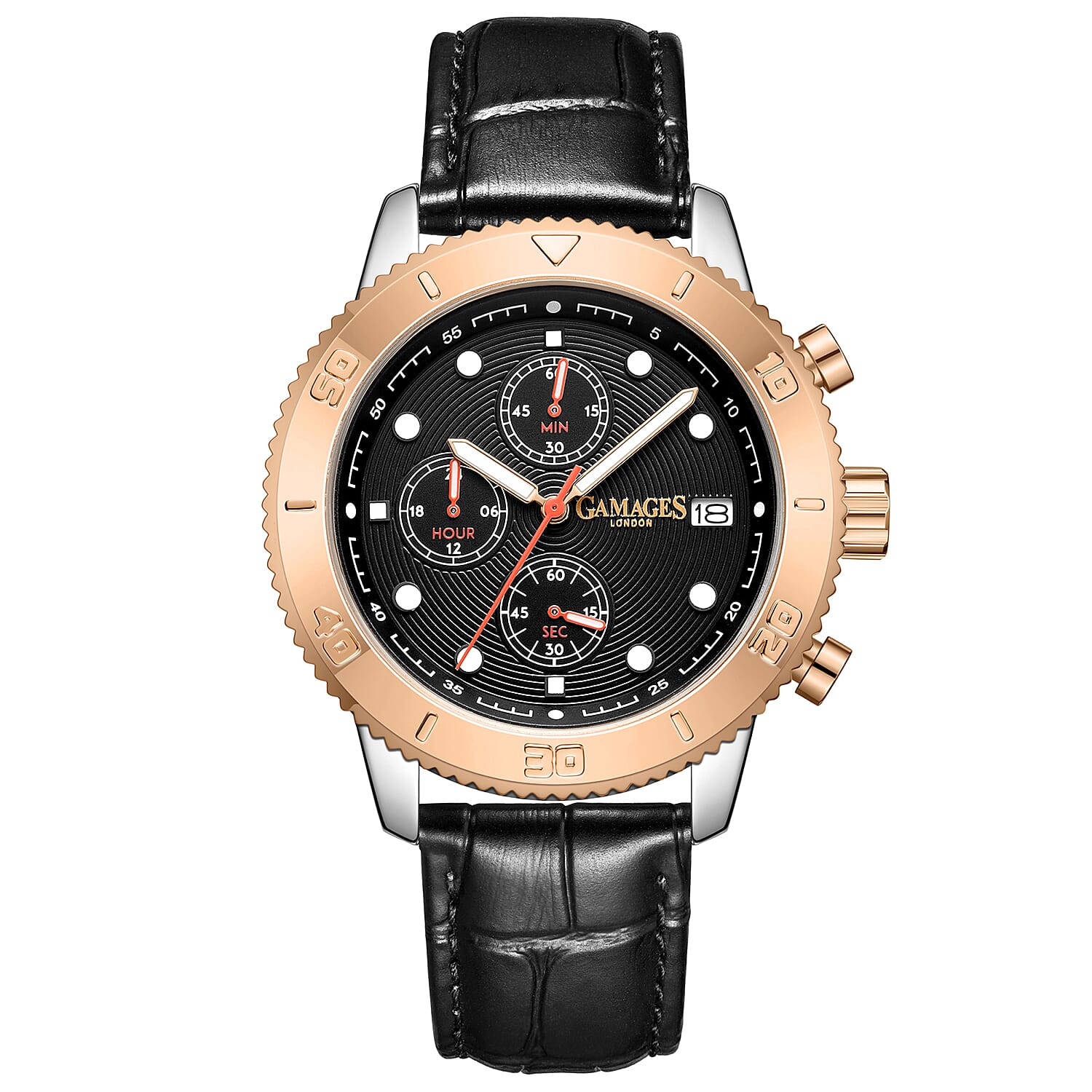 GAMAGES OF LONDON Limited Edition Mechanical Quartz Movement 5ATM Water Resistant Rose Gold Dial Mens Watch with Black Leather Strap 8352941 0