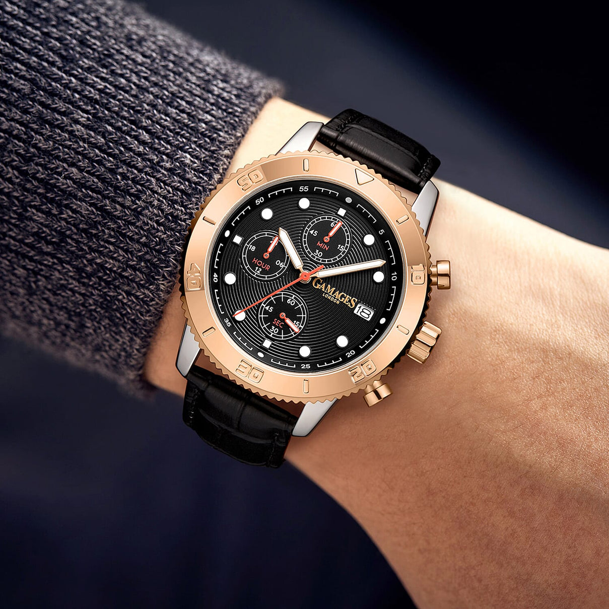 GAMAGES OF LONDON Limited Edition Mechanical Quartz Movement 5ATM Water Resistant Rose Gold Dial Mens Watch with Black Leather Strap 8352941 1