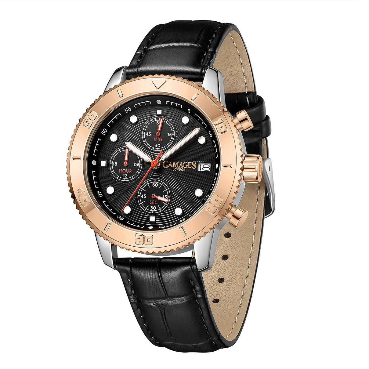 GAMAGES OF LONDON Limited Edition Mechanical Quartz Movement 5ATM Water Resistant Rose Gold Dial Mens Watch with Black Leather Strap 8352941 2