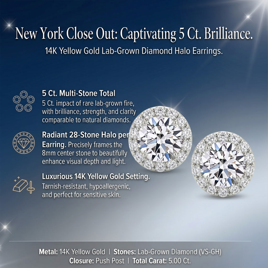 New York Close Out - 14K Yellow Gold Lab Grown Diamond (VS/GH) Halo Earring with Push Back 5.00 Ct._8354286_7