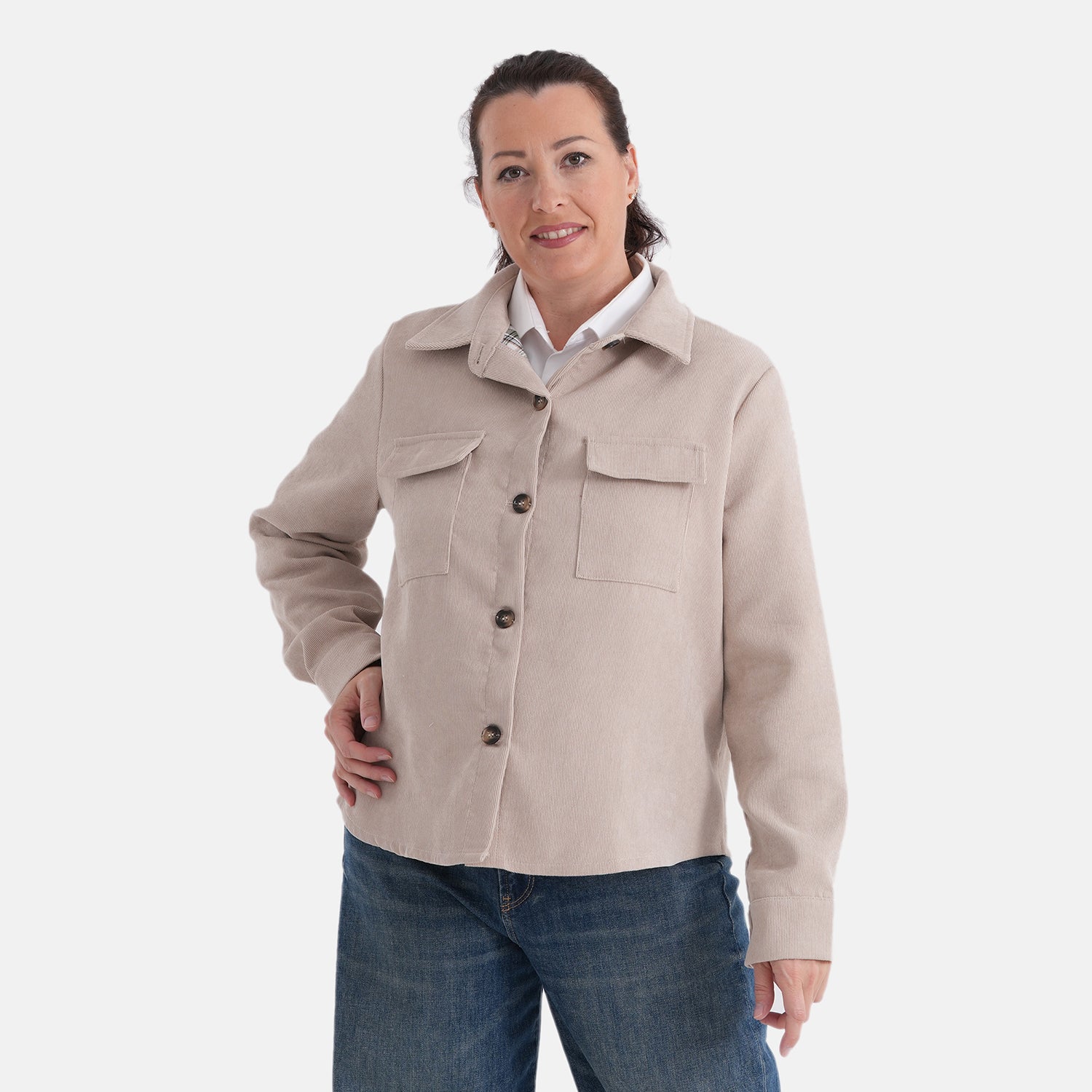 La Marey Corduroy Shacket with Checked Lining (Size 18 to 20) - Beige V32514052 0