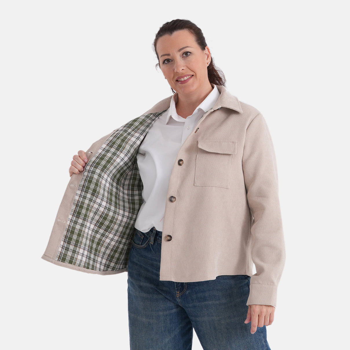 La Marey Corduroy Shacket with Checked Lining (Size 18 to 20) - Beige V32514052 5