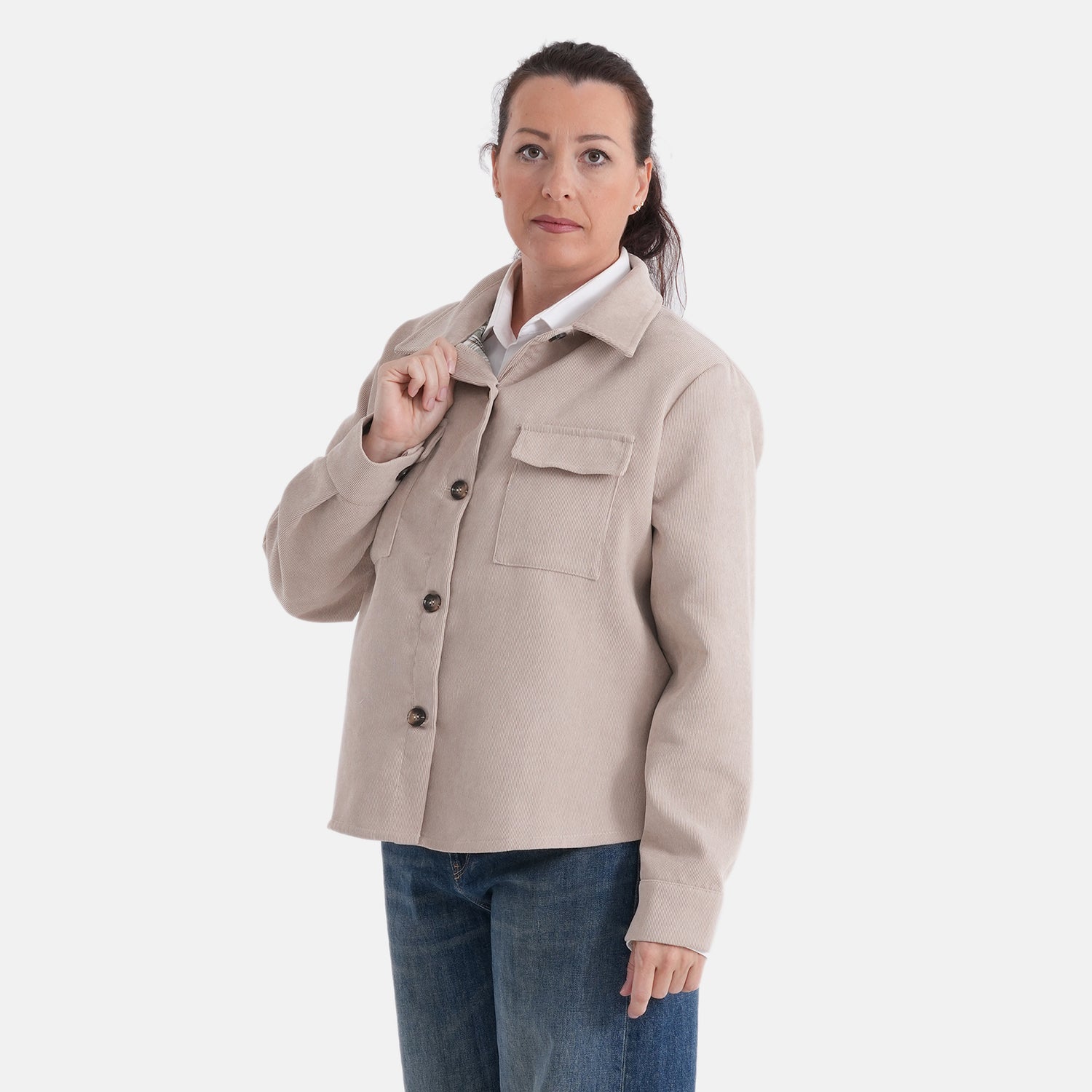 La Marey Corduroy Shacket with Checked Lining (Size 18 to 20) - Beige V32514052 6
