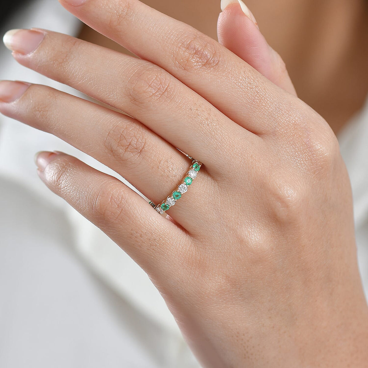 Luxuriant 10K Yellow Gold AAA Colombian Emerald, Lab Grown Diamond GH, SI Full Eternity Band Ring, Gold Wt.1.93 Gms  1.590  Ct. 8355792 2