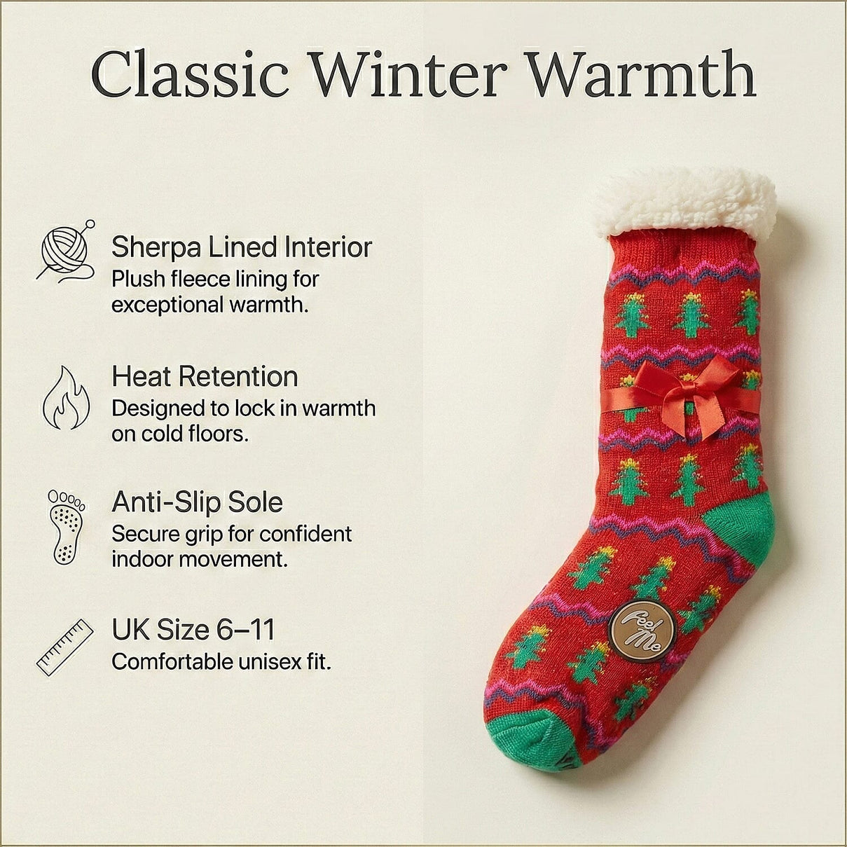 Heat Machine - Sherpa Lined Anti Slip Christmas Slipper Socks (Size UK 6-11) - Tree 8356359 1