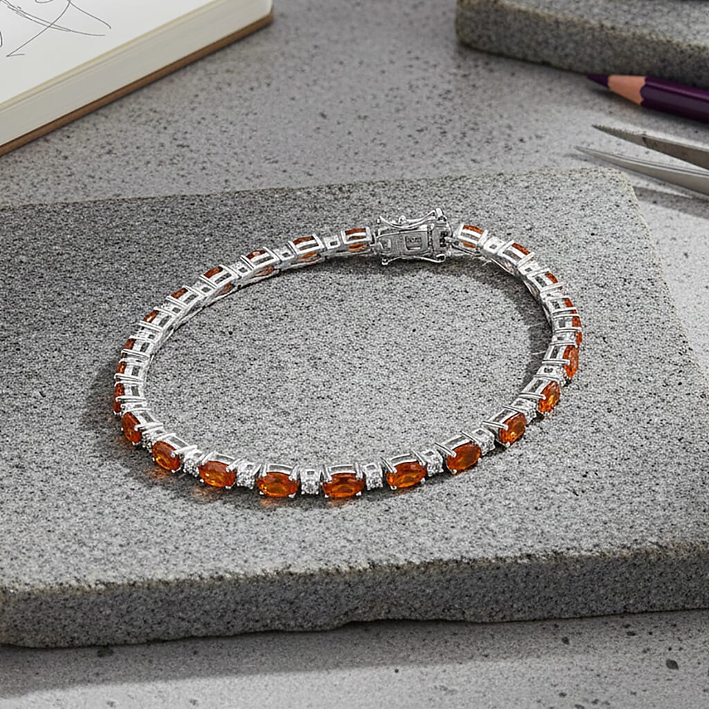 D'Joy Ceylon Hessonite Garnet &amp; White Zircon Bracelet (Size 7.5) with GB Lock Box in Rhodium Overlay Sterling Silver 8.04 Ct, Silver Wt. 8.65 Gms. V32523680 2