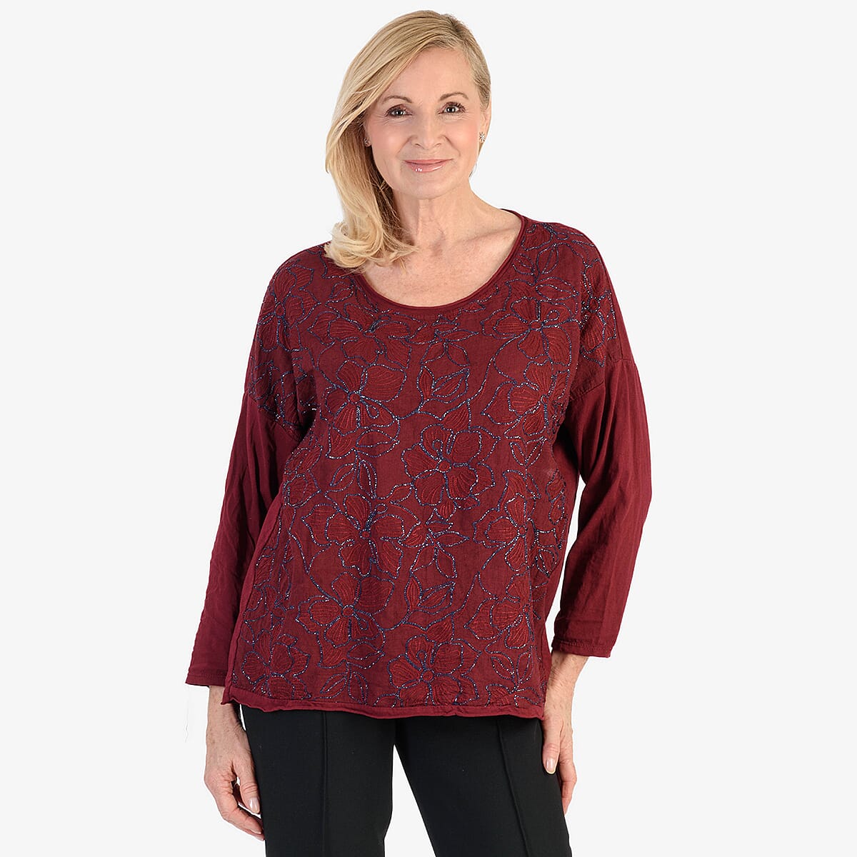 Pure and Natural 50% Cotton Blend Embroidered Blouse (Made in italy, Size Upto 16) - Maroon V32590896 0