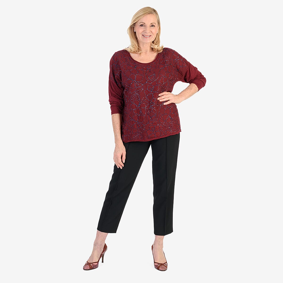 Pure and Natural 50% Cotton Blend Embroidered Blouse (Made in italy, Size Upto 16) - Maroon V32590896 1