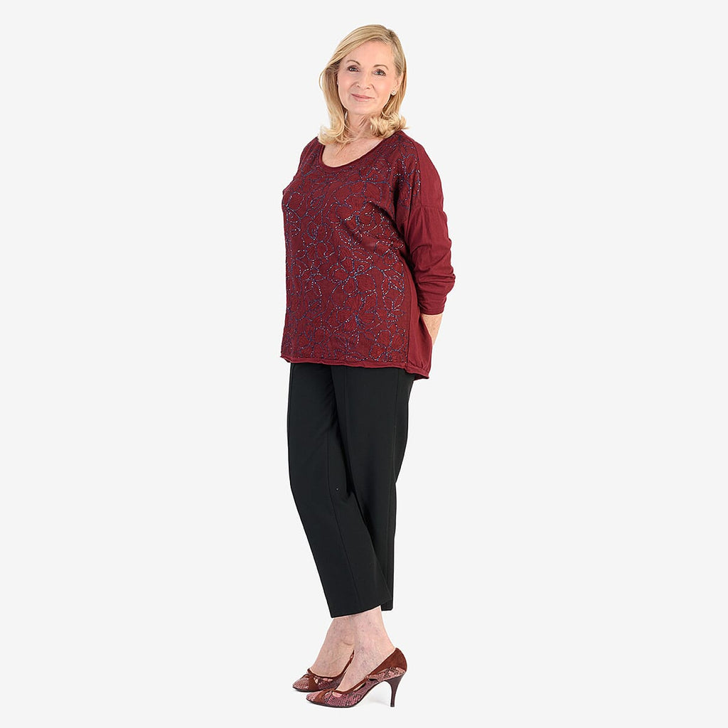 Pure and Natural 50% Cotton Blend Embroidered Blouse (Made in italy, Size Upto 16) - Maroon_8357558_2
