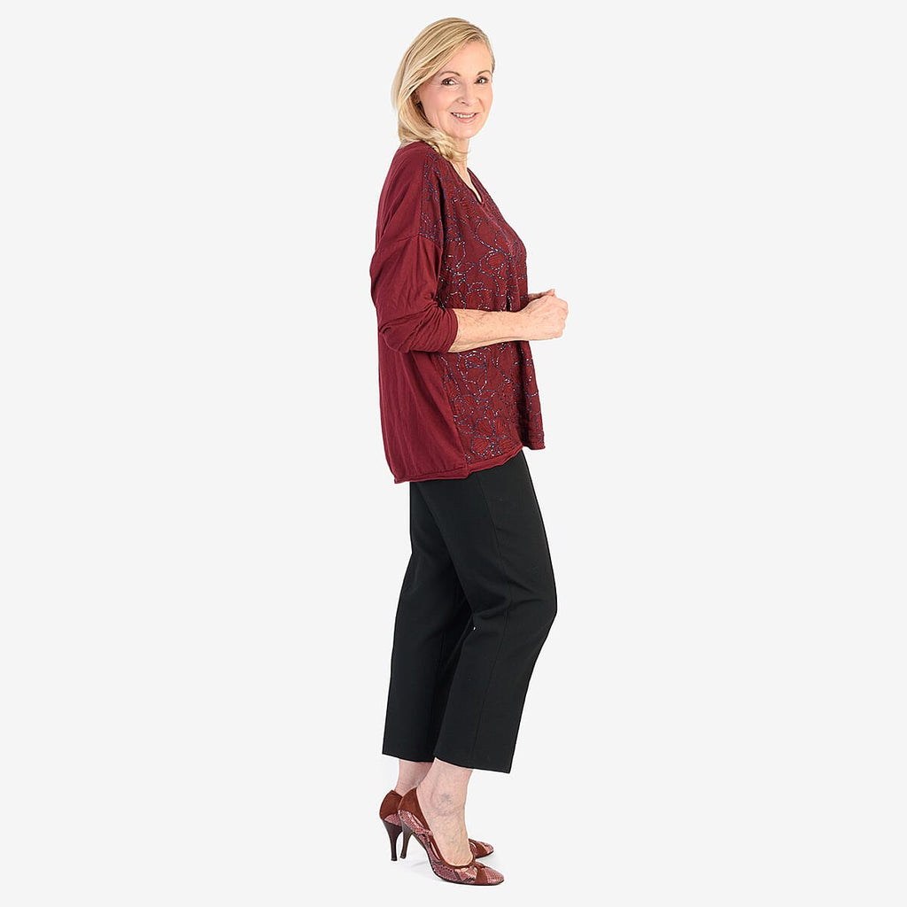Pure and Natural 50% Cotton Blend Embroidered Blouse (Made in italy, Size Upto 16) - Maroon_8357558_4