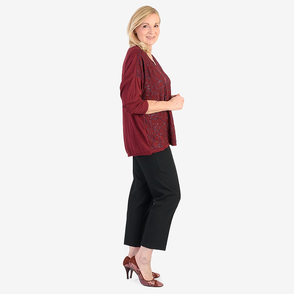Pure and Natural 50% Cotton Blend Embroidered Blouse (Made in italy, Size Upto 16) - Maroon V32590896 4