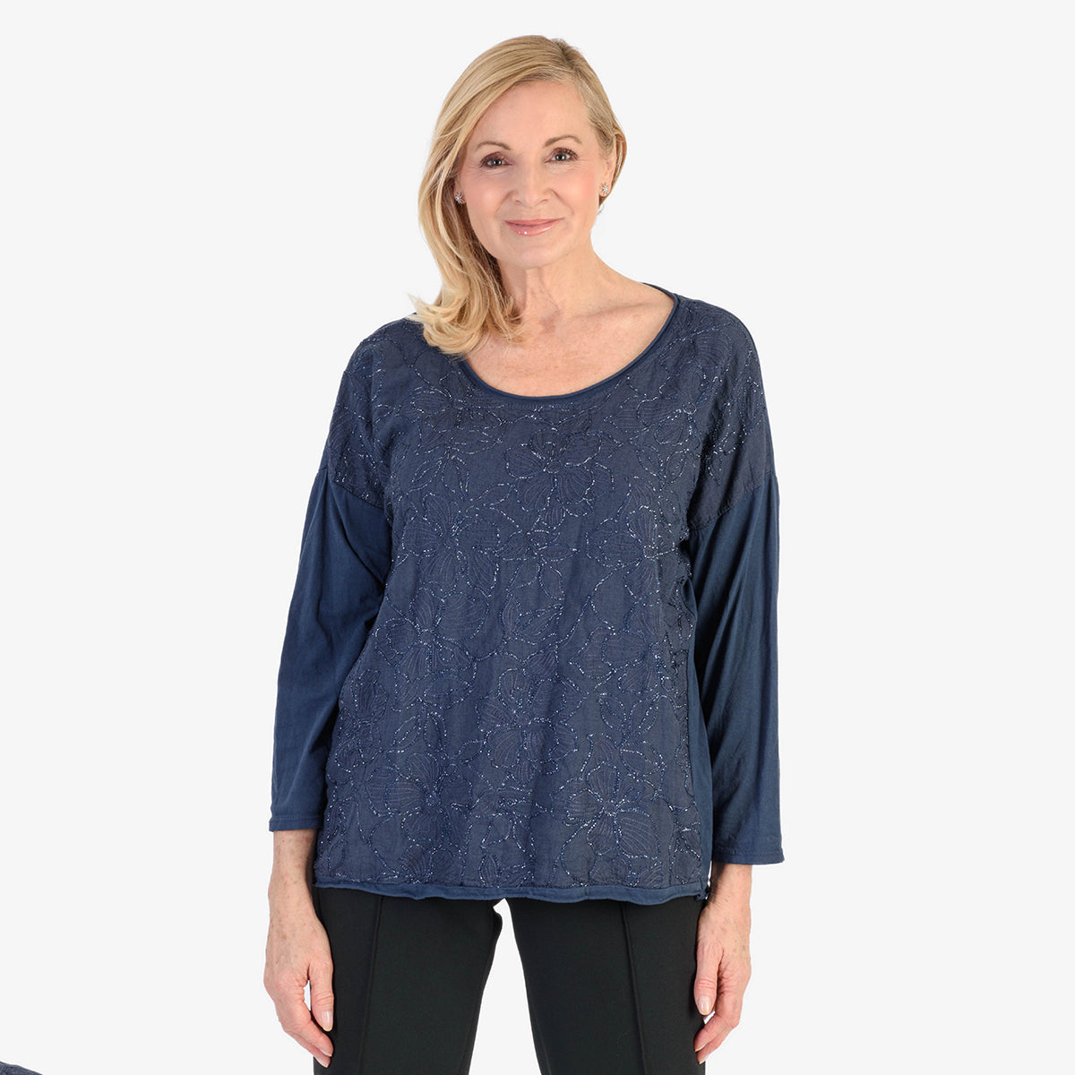 Pure and Natural 50% Cotton Blend Embroidered Blouse (Made in italy, Size Upto 16) - Navy 8357559 0