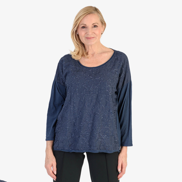 Pure and Natural 50% Cotton Blend Embroidered Blouse (Made in italy, Size Upto 16) - Navy 8357559 1