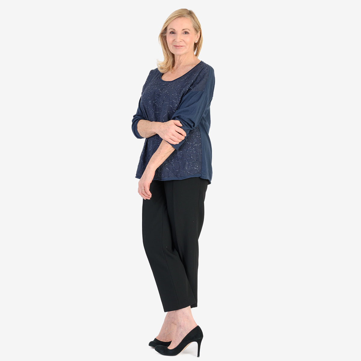Pure and Natural 50% Cotton Blend Embroidered Blouse (Made in italy, Size Upto 16) - Navy 8357559 2