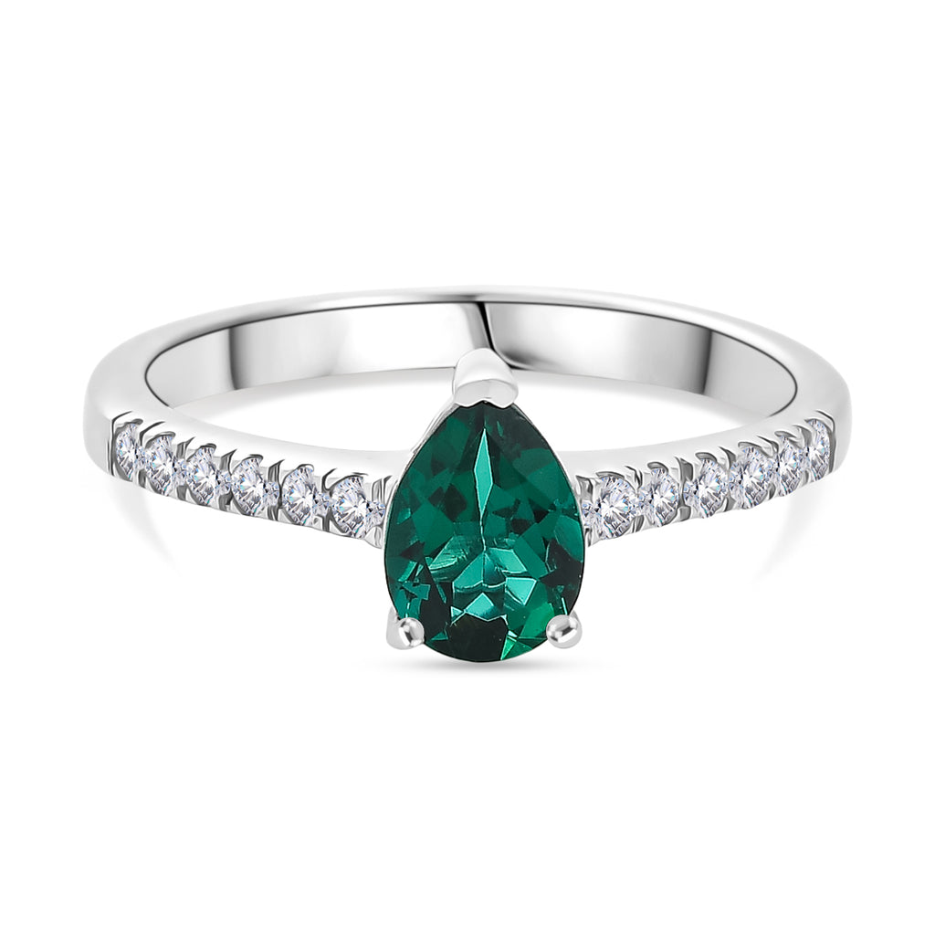 Royal Bali Collection - D'Joy Lab Created Emerald & Moissanite Pear Cut Solitaire Ring in Rhodium Overlay Sterling Silver_8357946