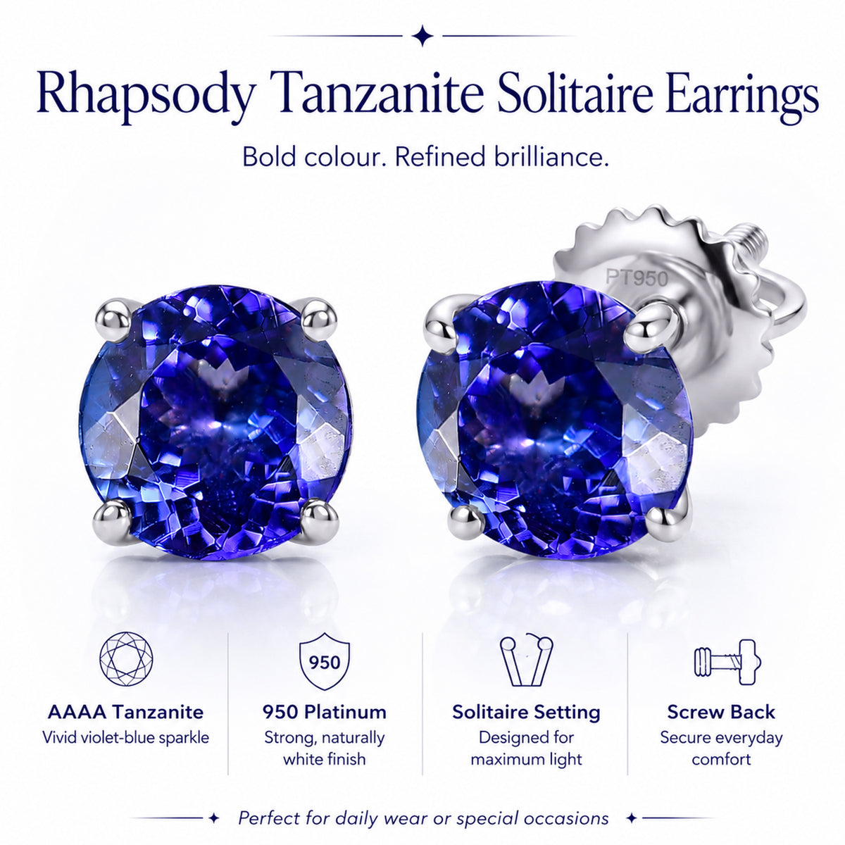 RHAPSODY - 950 Platinum AAAA Tanzanite Intense Vivid Solitaire Earring with Screw Back 2.70 Ct V32570554 4