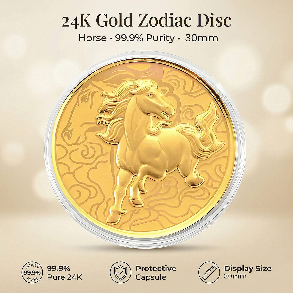 24K Yellow Gold (99.9% Purity) Chinese Zodiac Disc (30mm) - Horse 8359036 2
