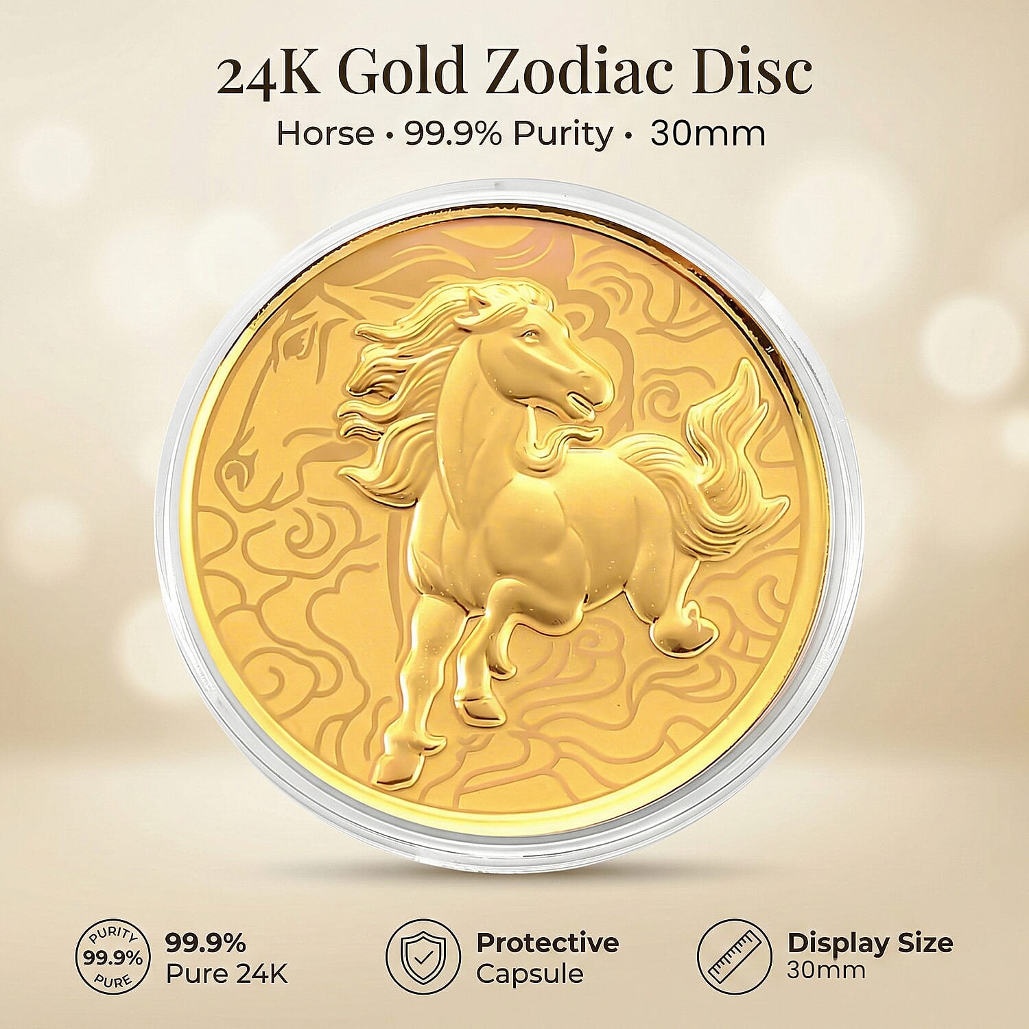 24K Yellow Gold (99.9% Purity) Chinese Zodiac Disc (30mm) - Horse 8359036 2