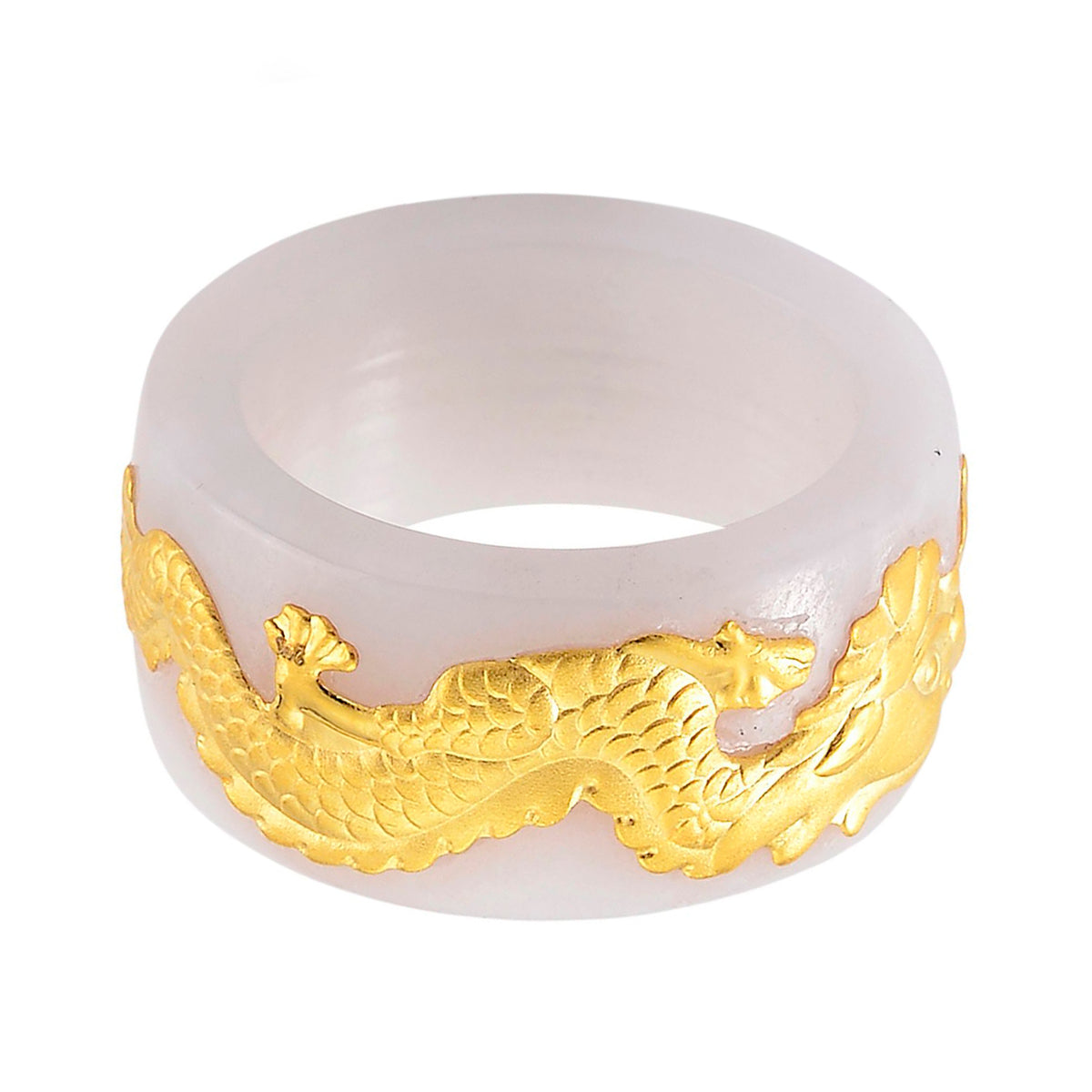 24K Yellow Gold Natural White Jadeite Drgon Band Ring 35.00 Ct. V32558234 0