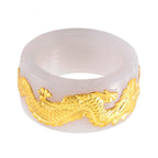 24K Yellow Gold Natural White Jadeite Drgon Band Ring 35.00 Ct._8361052