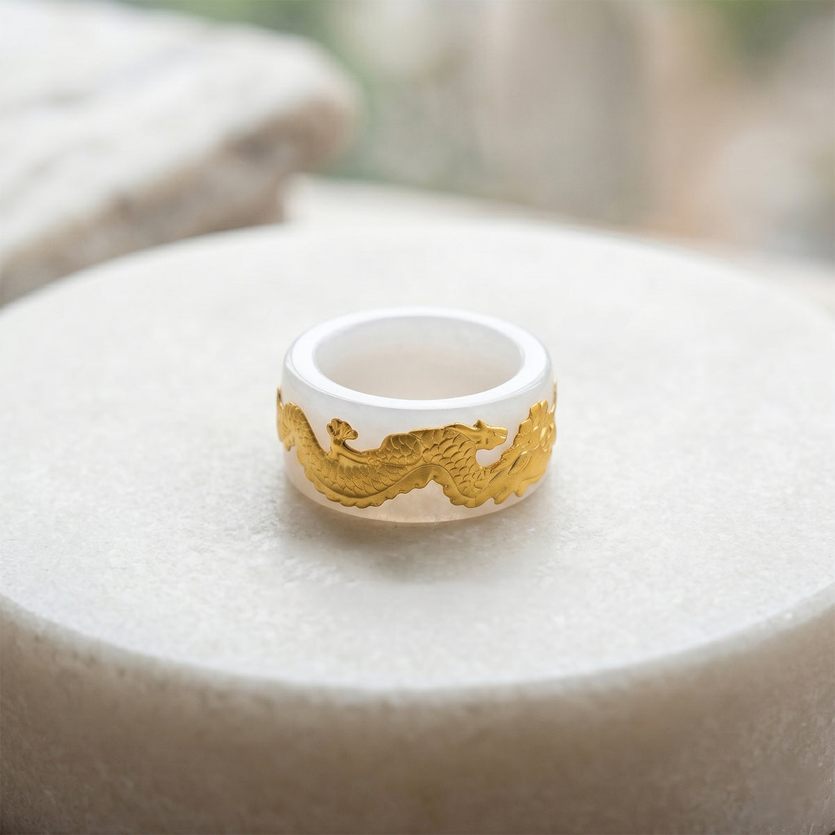 24K Yellow Gold Natural White Jadeite Drgon Band Ring 35.00 Ct. V32558234 3